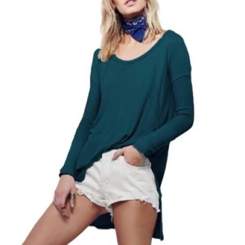 Free People Ventura Thermal Teal Waffle Knit High Low Sweater